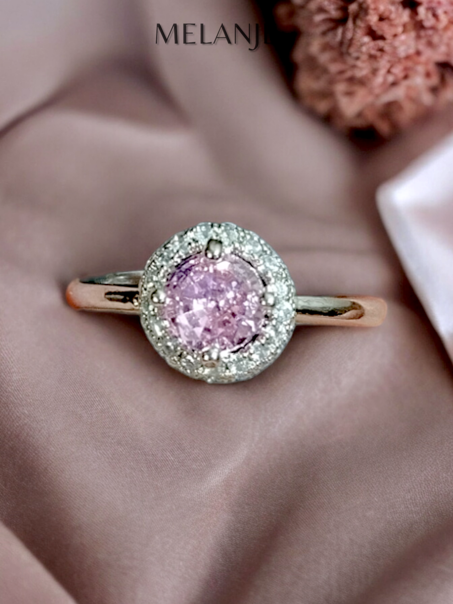 Round Light Pink Solitaire Crystal Stacked Cubic Zirconia Sterling Silver Halo Adjustable Engagement Ring