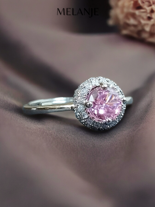 Round Light Pink Solitaire Crystal Stacked Cubic Zirconia Sterling Silver Halo Adjustable Engagement Ring