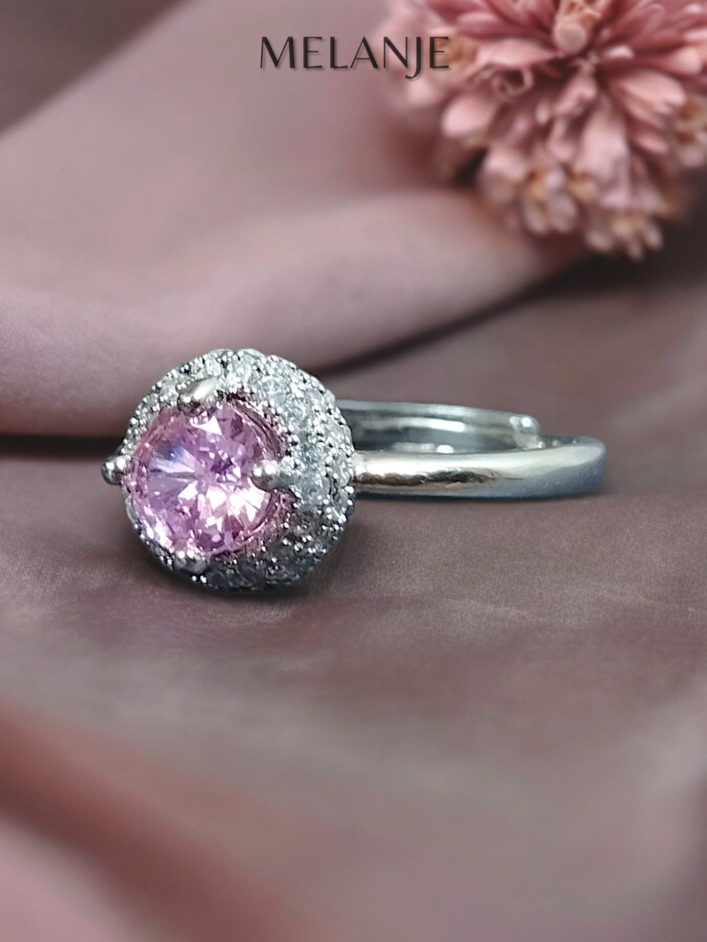Round Light Pink Solitaire Crystal Stacked Cubic Zirconia Sterling Silver Halo Adjustable Engagement Ring