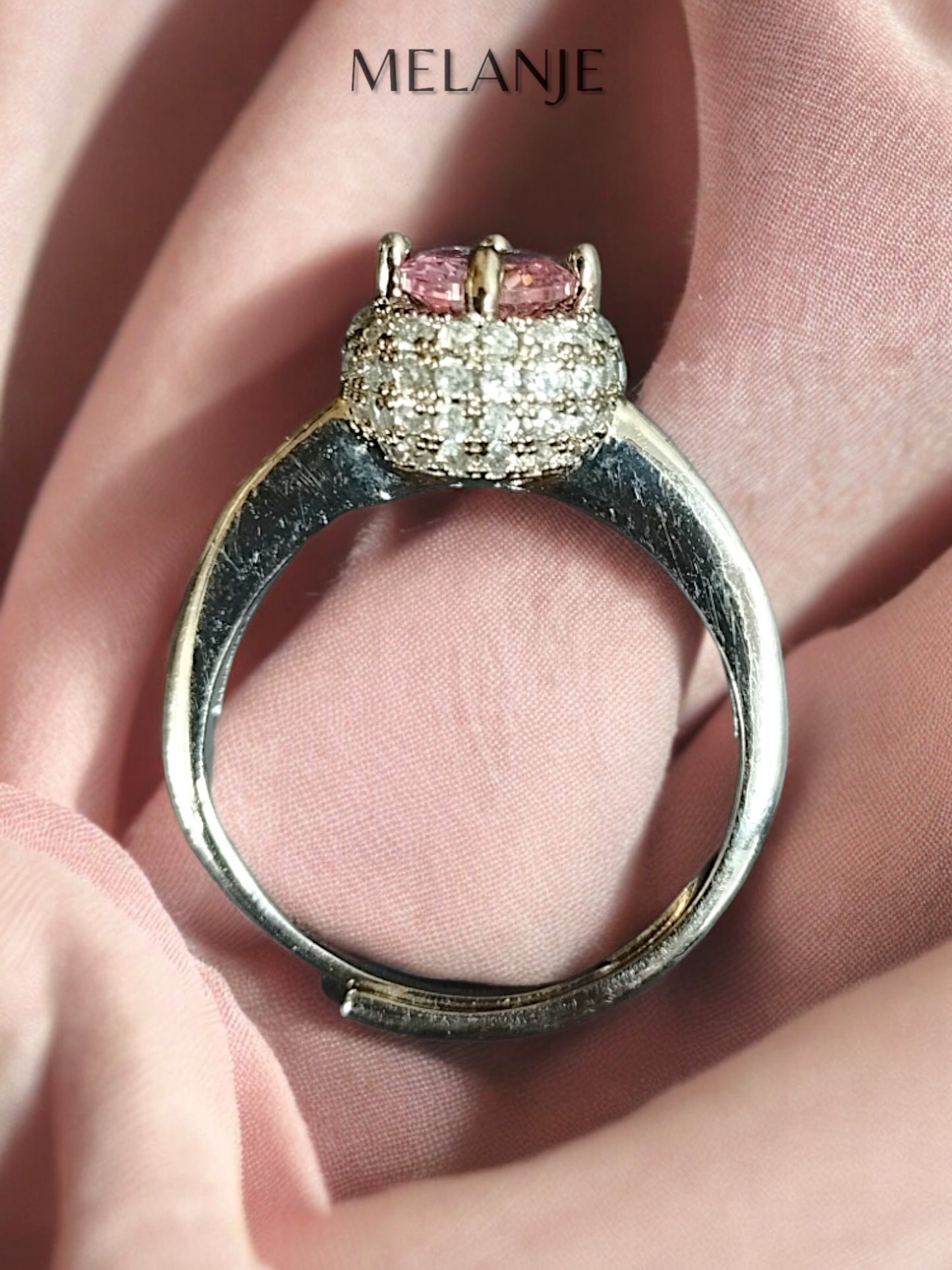 Round Light Pink Solitaire Crystal Stacked Cubic Zirconia Sterling Silver Halo Adjustable Engagement Ring