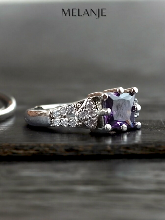 Amethyst Solitaire Square Crystal White Cubic Zirconia Sterling Silver Princess Cut Adjustable Ring