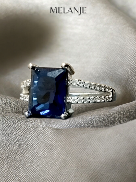 Sapphire Blue Rectangular Crystal Cubic Zirconia Sterling Silver Split Shank Luxury Ring