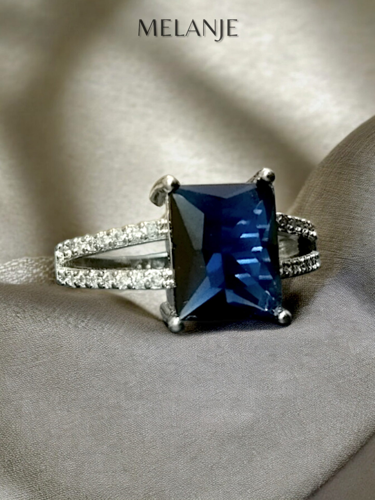 Sapphire Blue Rectangular Crystal Cubic Zirconia Sterling Silver Split Shank Luxury Ring