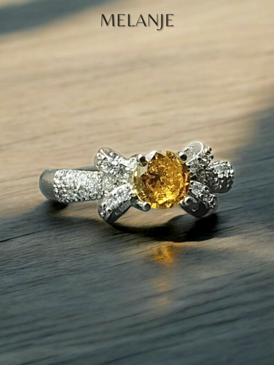 Bright Yellow Round Solitaire Crystal Sterling Silver Cubic Zirconia Adjustable Bow Ring