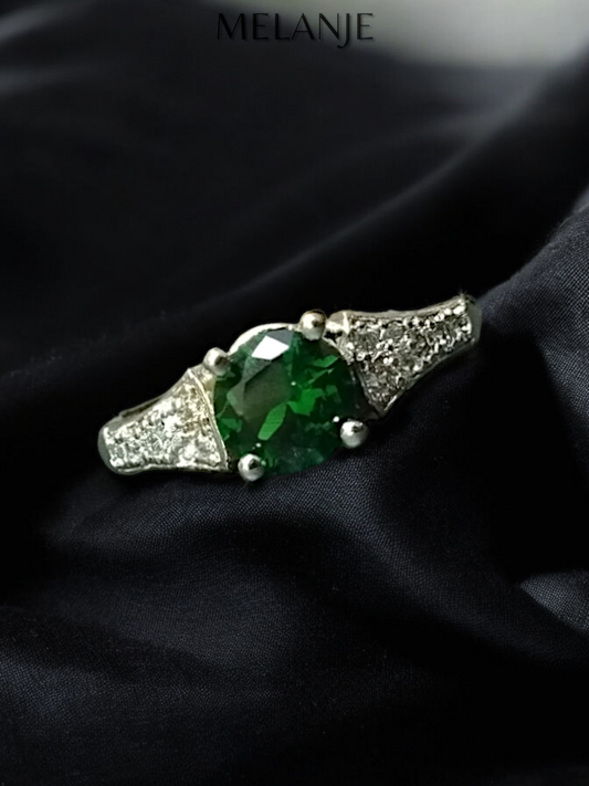 Emerald Round Solitaire Crystal 925 Sterling Silver Cubic Zirconia Adjustable Eternity Ring