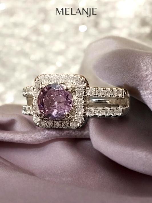 Lavender Round Solitaire Crystal Clear Cubic Zirconia Square Cushion Cut Double Row Design Adjustable Ring