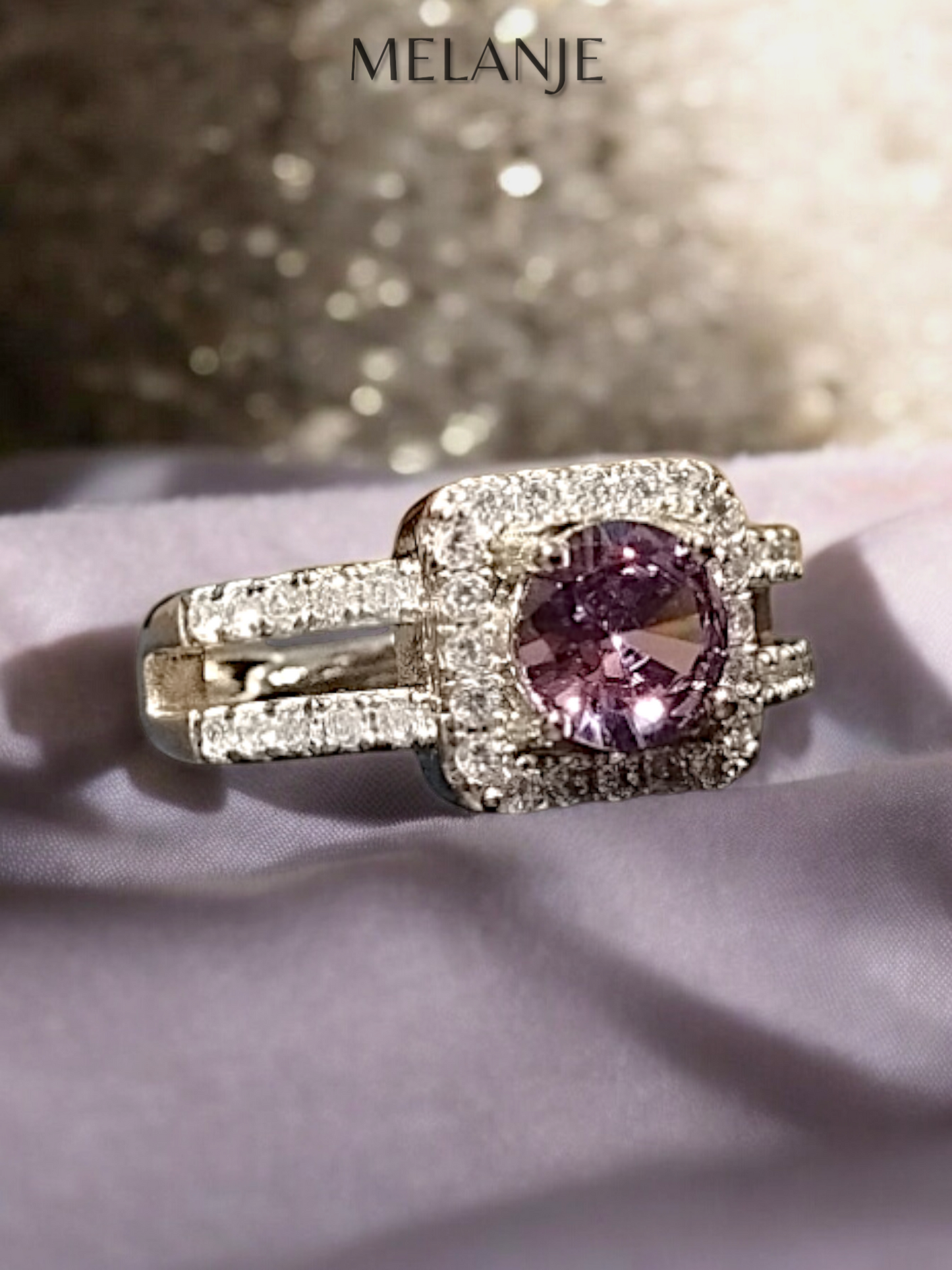 Lavender Round Solitaire Crystal Clear Cubic Zirconia Square Cushion Cut Double Row Design Adjustable Ring