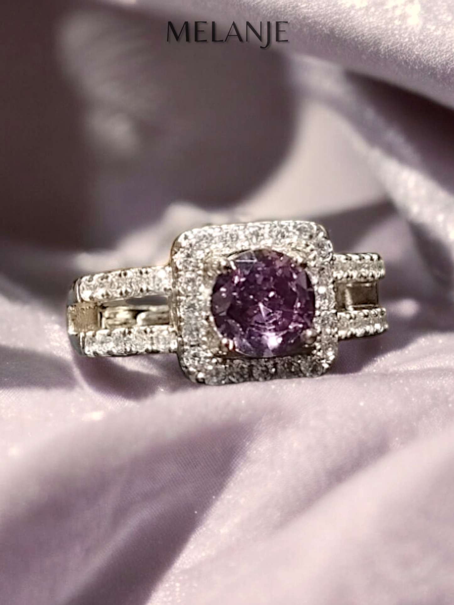 Lavender Round Solitaire Crystal Clear Cubic Zirconia Square Cushion Cut Double Row Design Adjustable Ring