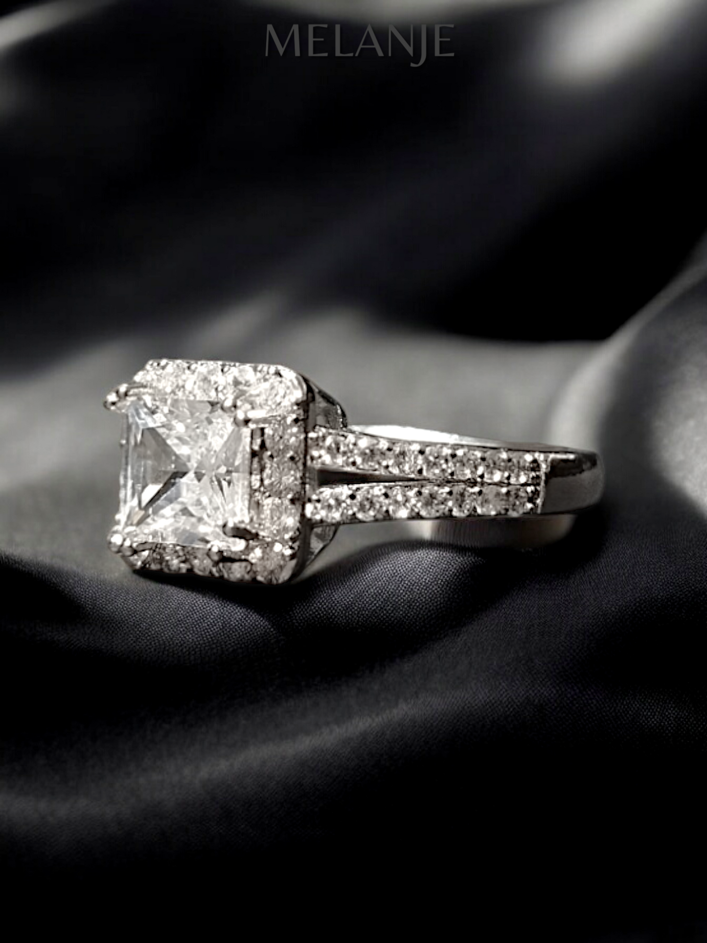 Princess Cut Split Shank Square Crystal Sterling Silver Clear Cubic Zirconia Halo Engagement Ring