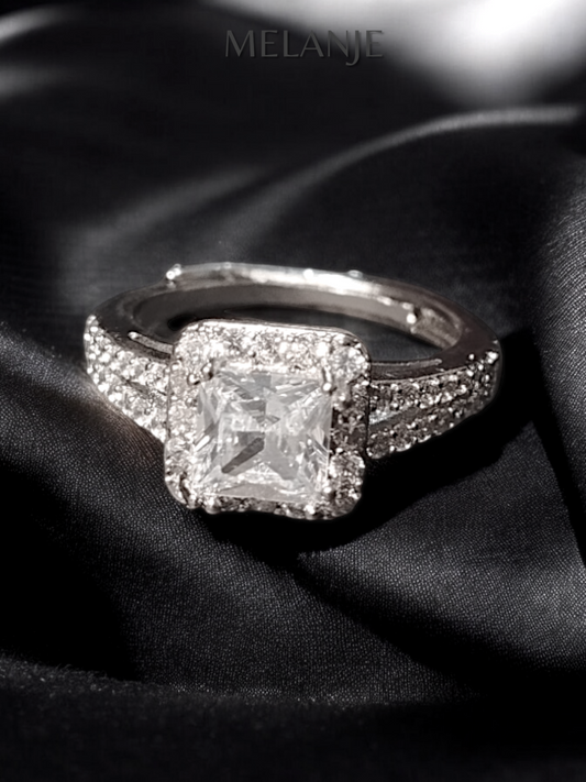 Princess Cut Split Shank Square Crystal Sterling Silver Clear Cubic Zirconia Halo Engagement Ring