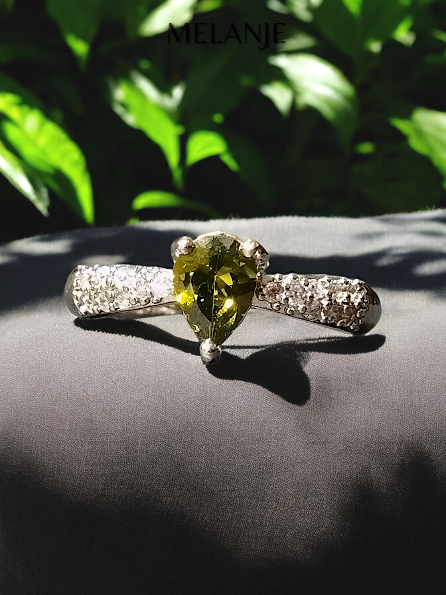 Olive Green Pear Shaped Crystal Cubic Zirconia Sterling Silver Adjustable Ring