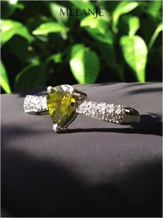 Olive Green Pear Shaped Crystal Cubic Zirconia Sterling Silver Adjustable Ring