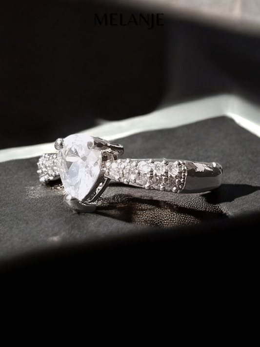 Clear Pear Shaped Crystal Cubic Zirconia Sterling Silver Adjustable Ring