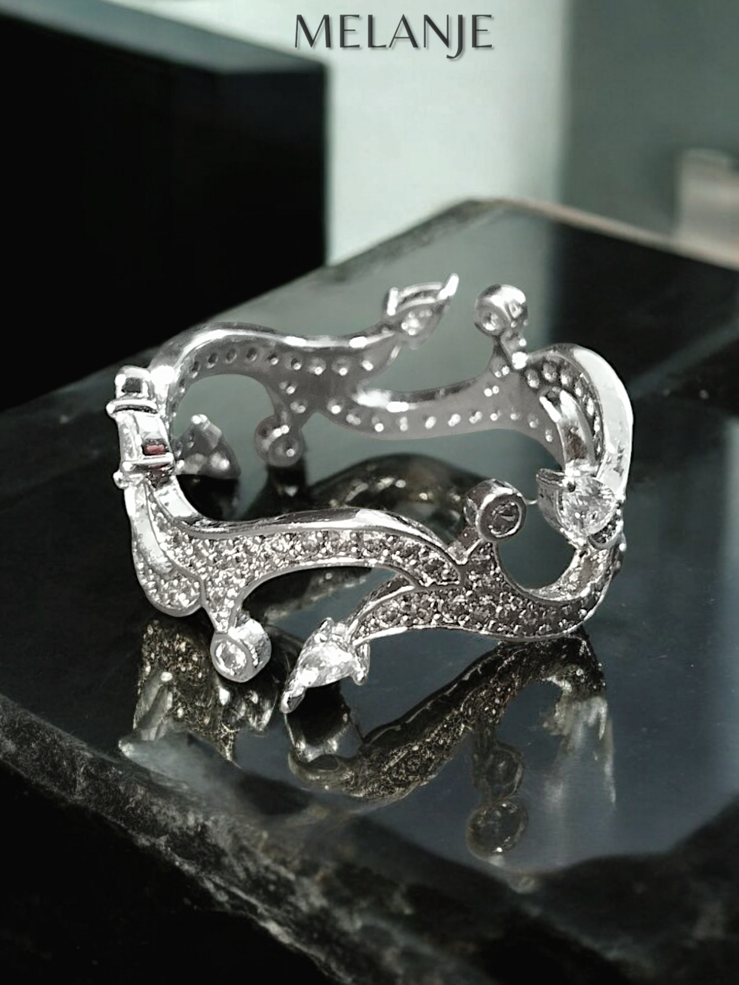 Sterling Silver Branch Cut Cubic Zirconia Delicate Band Ring