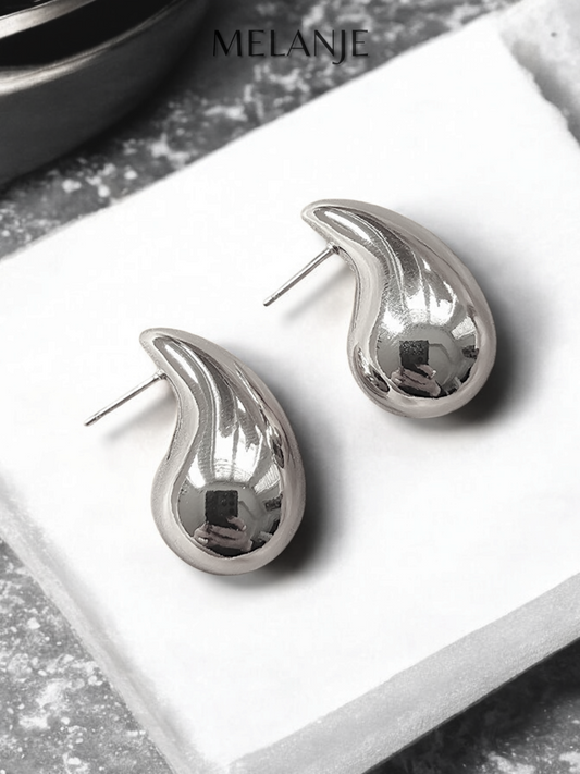 Chunky Teardrop Silver Dome Drop Bold Earrings