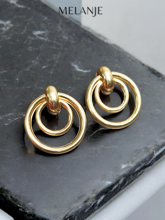 925 Sterling Silver Double Circle Design Statement Gold Earrings