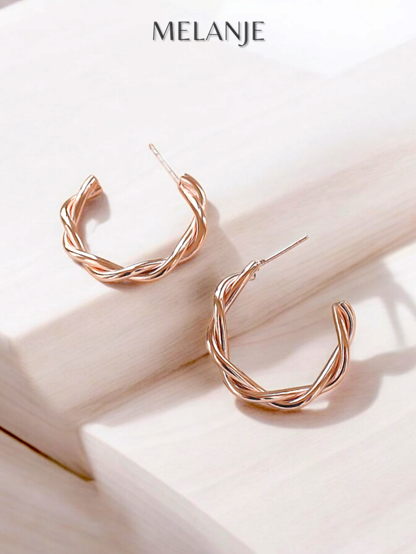 Sterling Silver Rose Gold Plated Twisted Open Hoop Earrings