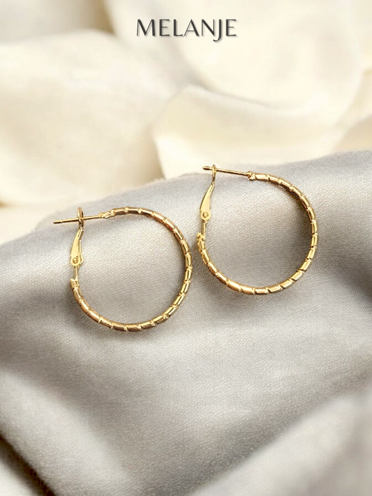 Stainless Steel Bamboo Textured Round Gold Hoop Earrings