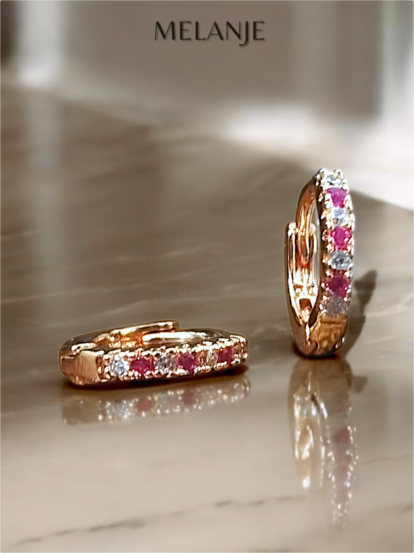 1K Gold Plated Ruby & Clear Zircons Delicate Tiny Huggie Earrings