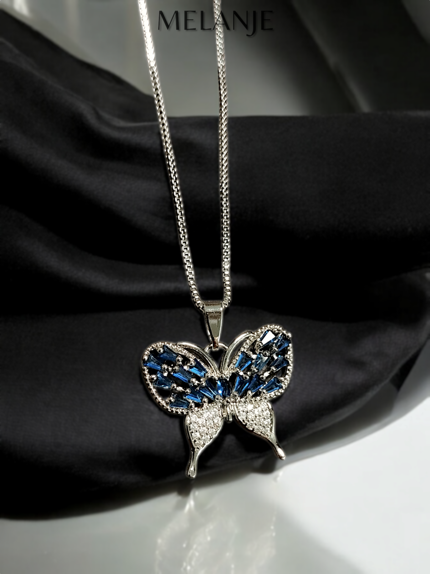 Sterling Silver Baguette Cut Sapphire Blue Cubic Zircons Stainless Steel Butterfly Pendant Necklace