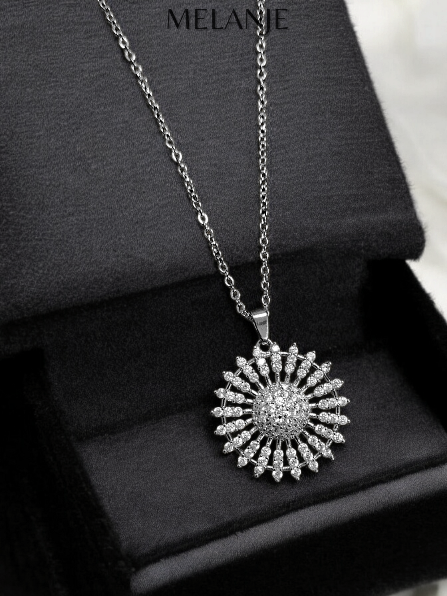 Sterling Silver Clear Cubic Zirconia Stainless Steel Sunflower Pendant Necklace