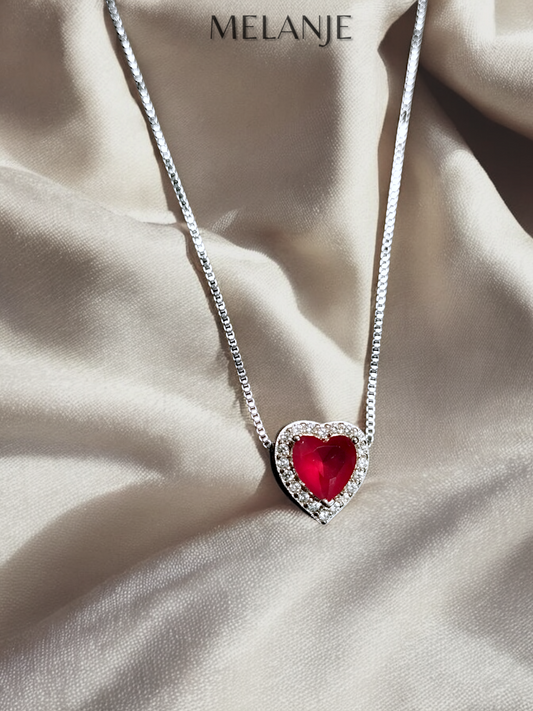 Heart-Shaped Ruby Crystal & Clear Cubic Zirconia Stainless Steel Minimal Pendant Necklace