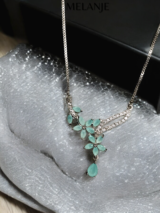 Light Blue Flower & Drop-Shaped Crystals Stainless Steel & Cubic Zirconia Luxury Necklace