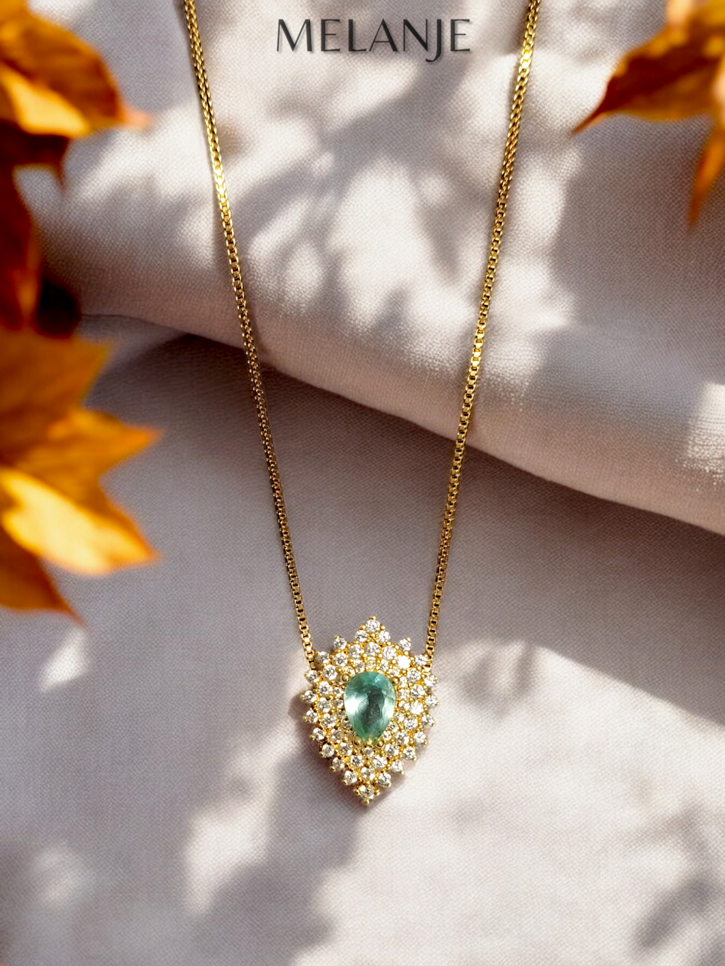 Aquamarine Pear-Shaped Crystal Cubic Zirconia Stainless Steel Luxury Leaf Pendant Necklace