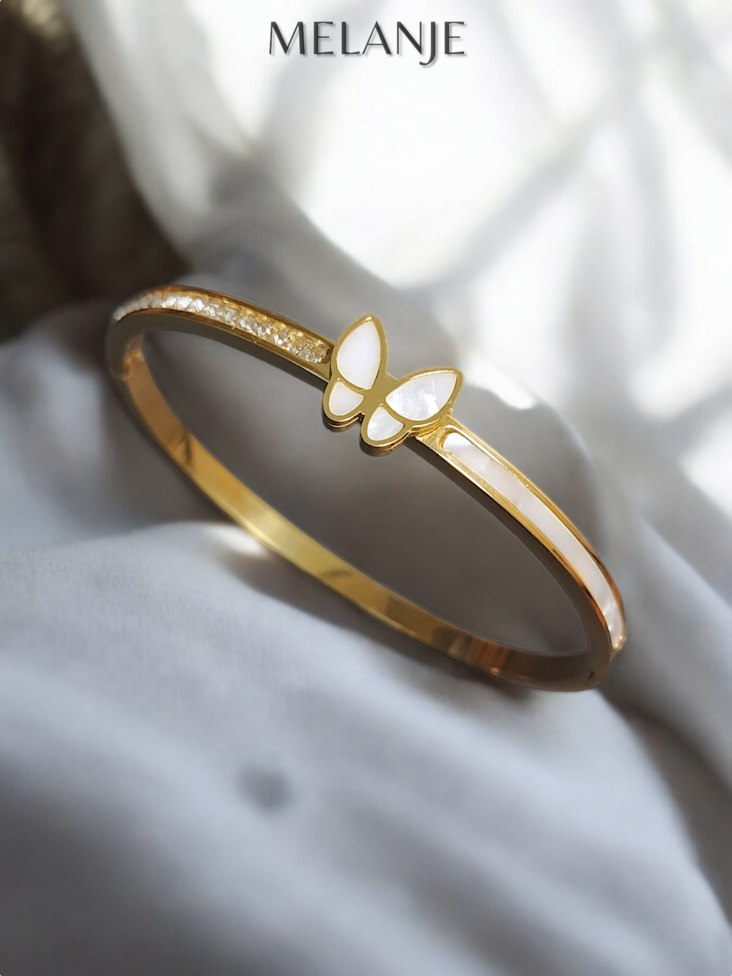 1K Gold Plated Stainless Steel Tapered Cubic Zirconia & Marble Detailing Butterfly Bracelet