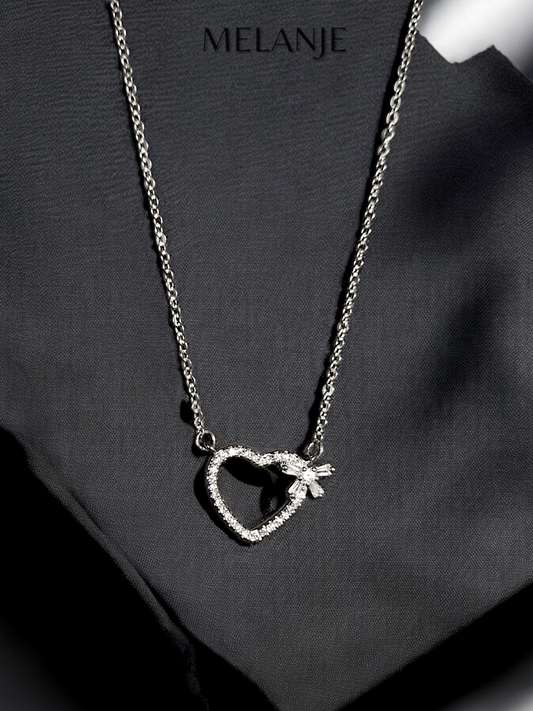 Sterling Silver Cubic Zirconia Minimal Heart Bow Charm Necklace
