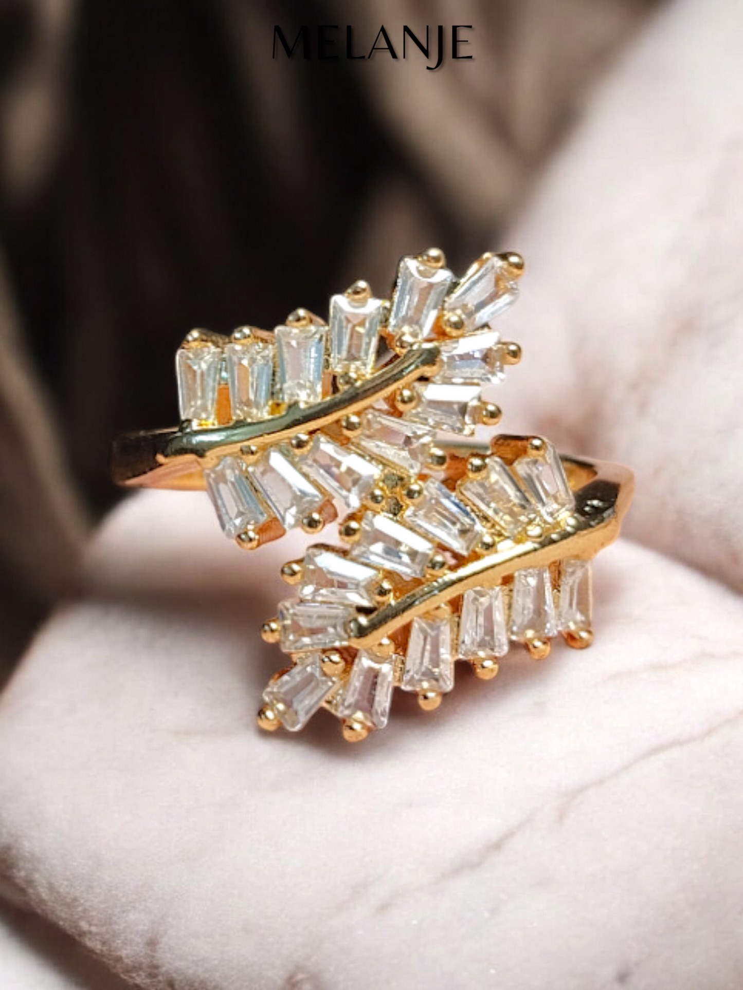 Baguette Cut Cubic Zirconia Leaf Design Gold Adjustable Bypass Ring