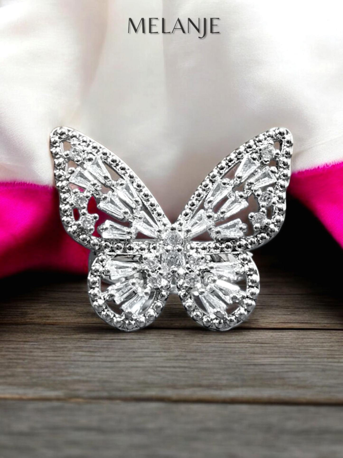 Sterling Silver Baguette & Round Cut Clear Cubic Zirconia Adjustable Butterfly Ring