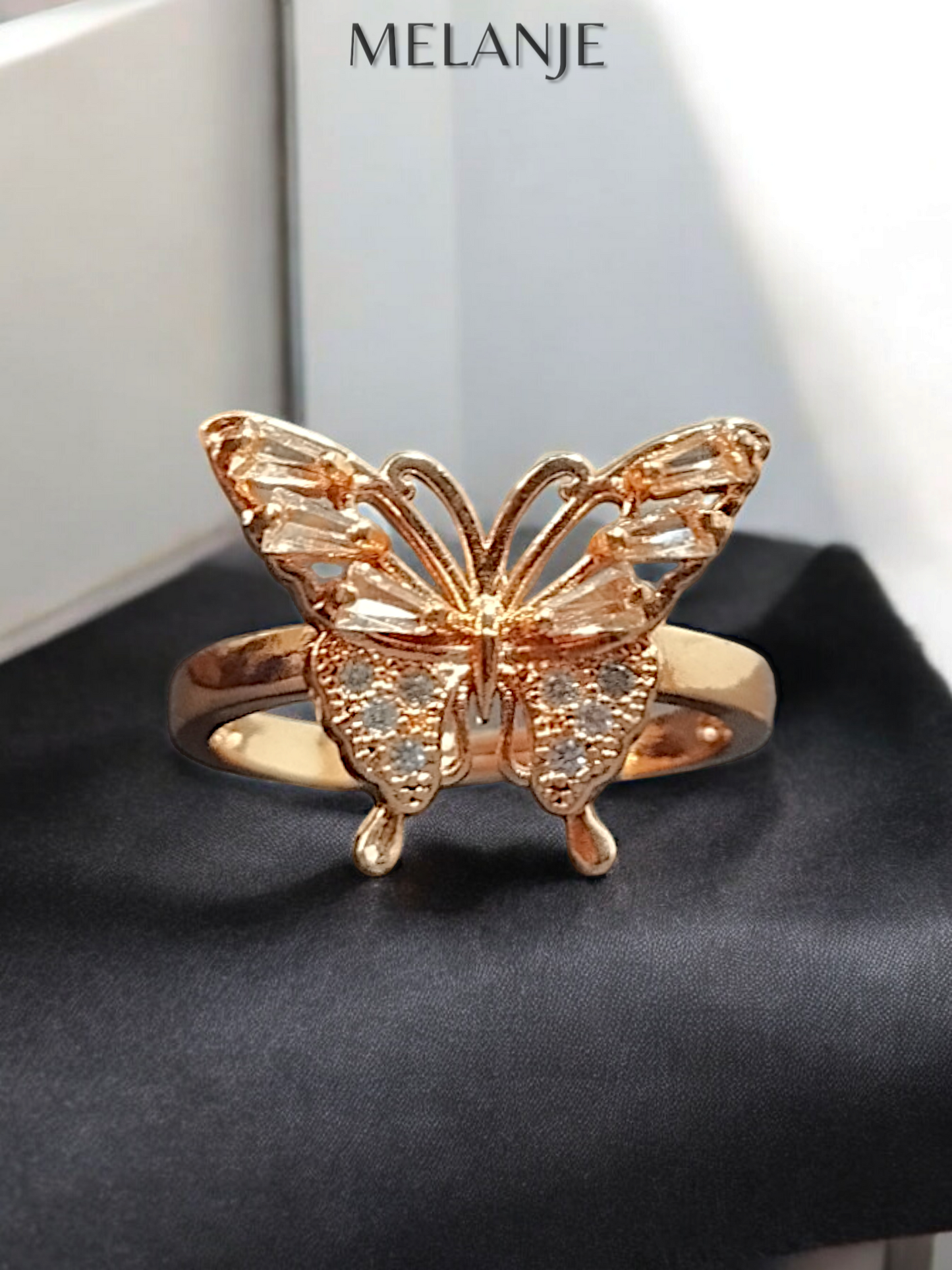 Baguette Cut Champagne Crystals Adjustable Butterfly Gold Ring