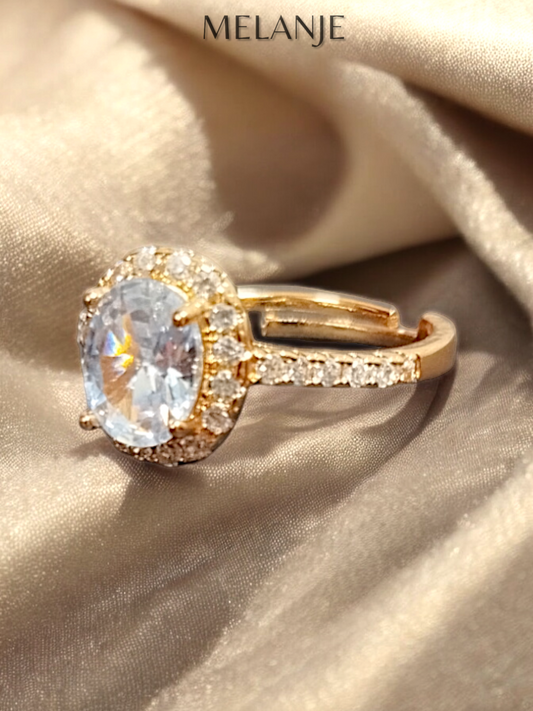 Oval Clear Cubic Zirconia Adjustable Halo Gold Ring