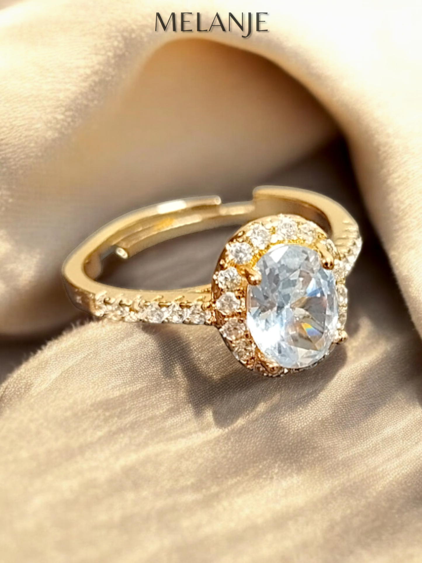 Oval Clear Cubic Zirconia Adjustable Halo Gold Ring