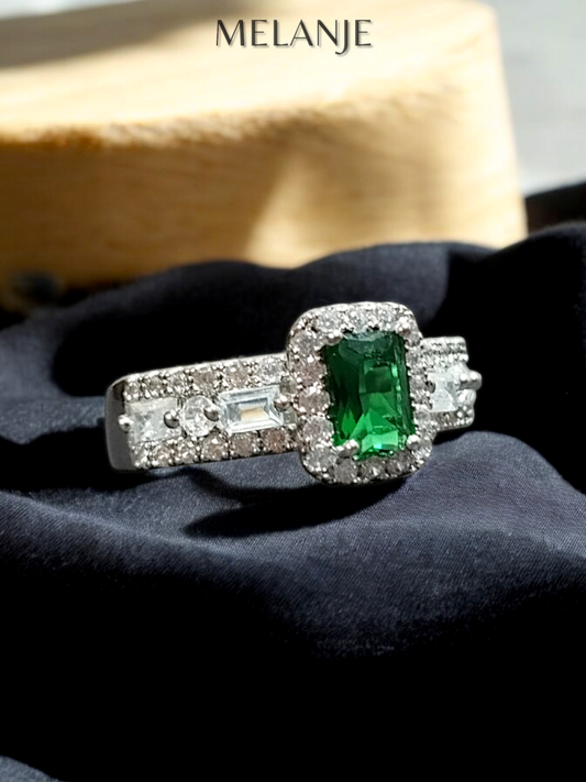 Emerald Rectangular Solitaire Crystal Triple Row Cubic Zirconia Adjustable Ring