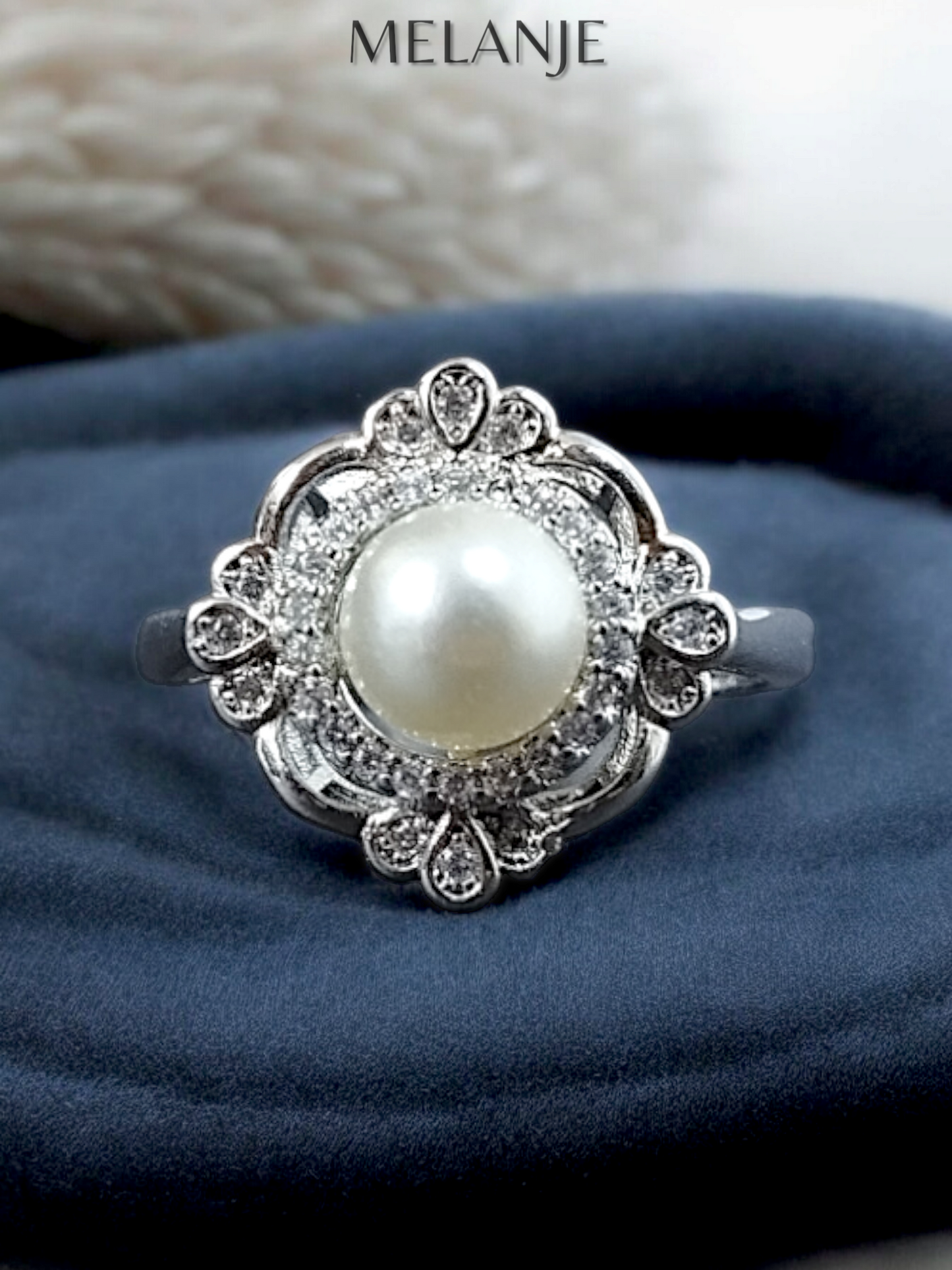 Sterling Silver & Clear Cubic Zirconia Adjustable Princess Pearl Ring