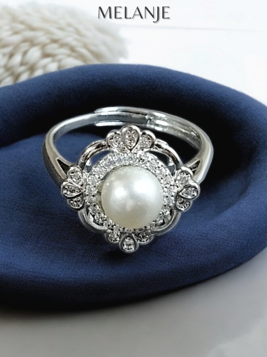 Sterling Silver & Clear Cubic Zirconia Adjustable Princess Pearl Ring