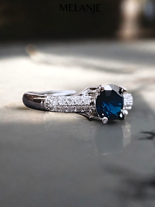 Sapphire Blue Round Solitaire Crystal Double Row Cubic Zirconia Design Sterling Silver Adjustable Promise Ring
