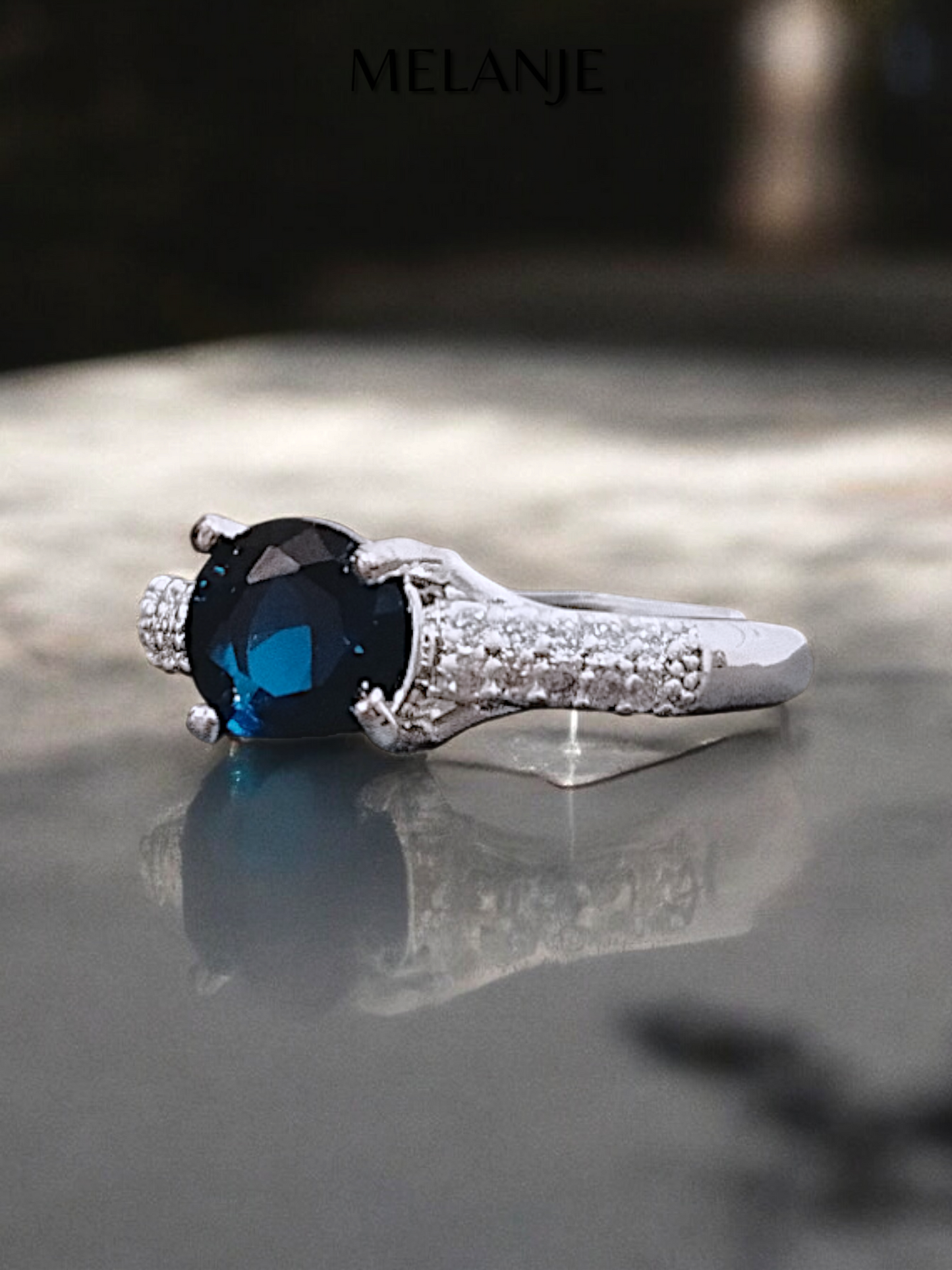 Sapphire Blue Round Solitaire Crystal Double Row Cubic Zirconia Design Sterling Silver Adjustable Promise Ring