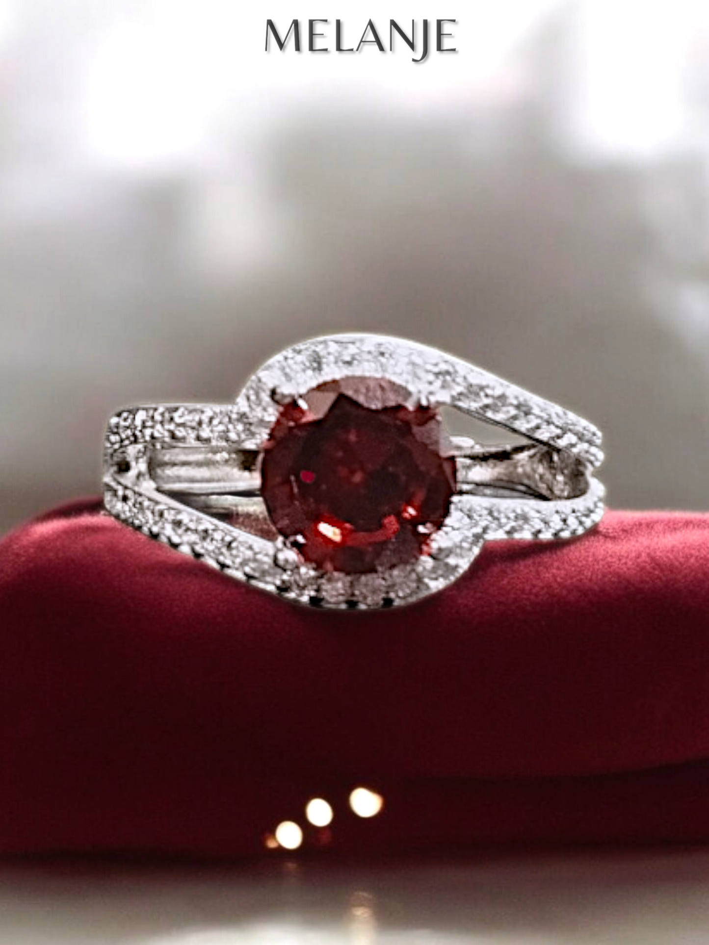 Garnet Solitaire Crystal Clear Cubic Zirconia Sterling Silver Adjustable Wedding Ring