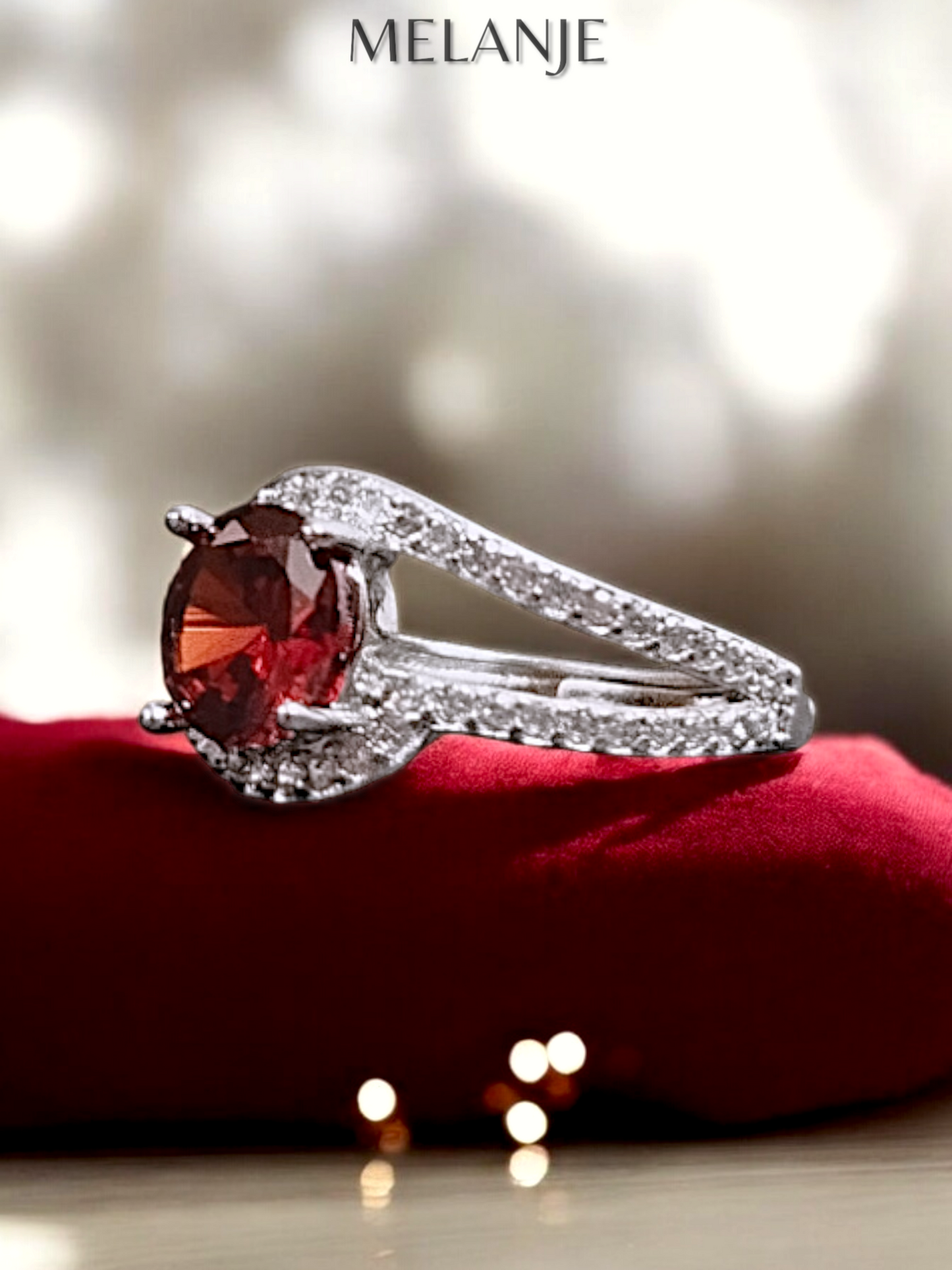 Garnet Solitaire Crystal Clear Cubic Zirconia Sterling Silver Adjustable Wedding Ring