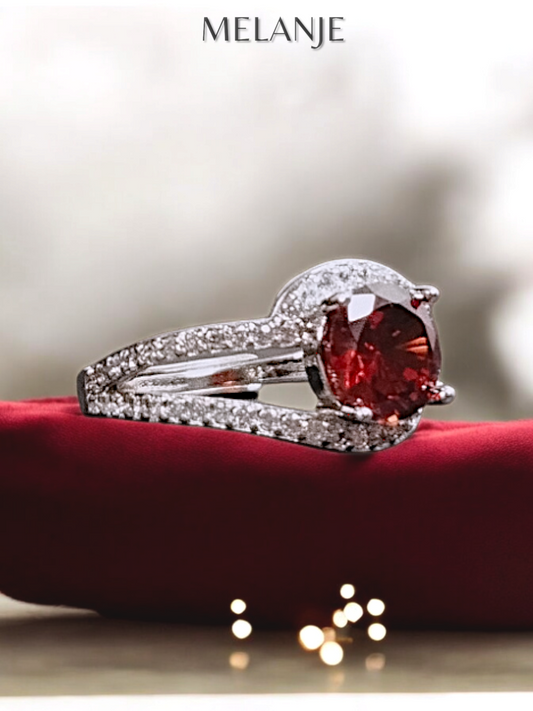 Garnet Solitaire Crystal Clear Cubic Zirconia Sterling Silver Adjustable Wedding Ring