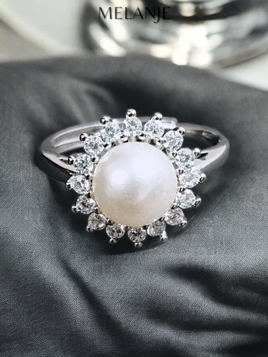 Sterling Silver & Cubic Zirconia Adjustable Flower Pearl Ring
