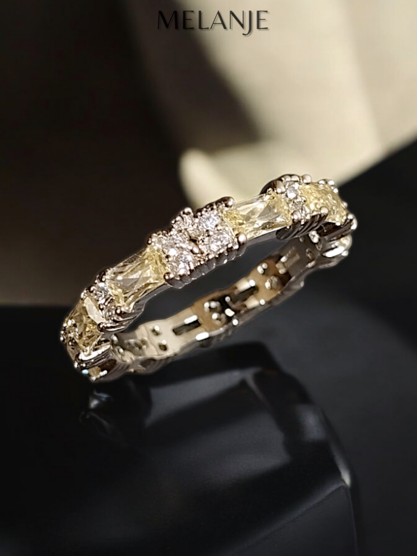 Dull Yellow Asscher Cut Cubic Zirconia Luxury Band Ring