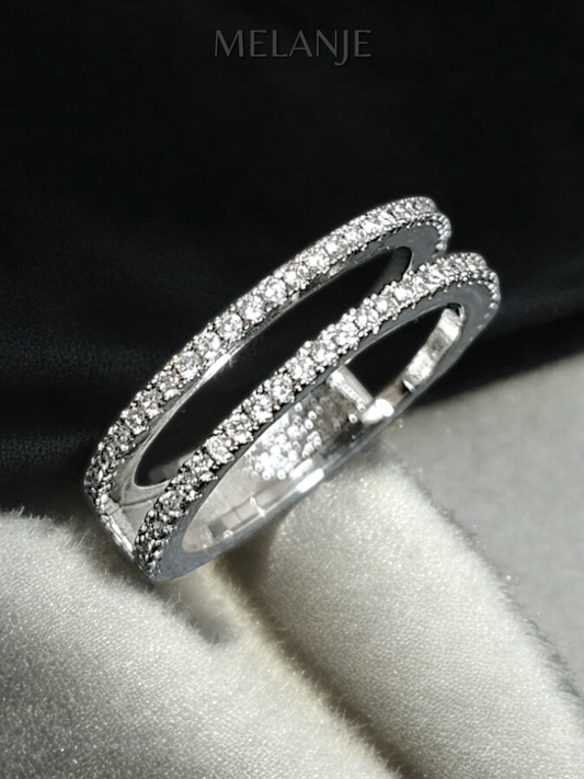 Sterling Silver Inlaid Double Layered Clear Zirconia Wedding Band Ring