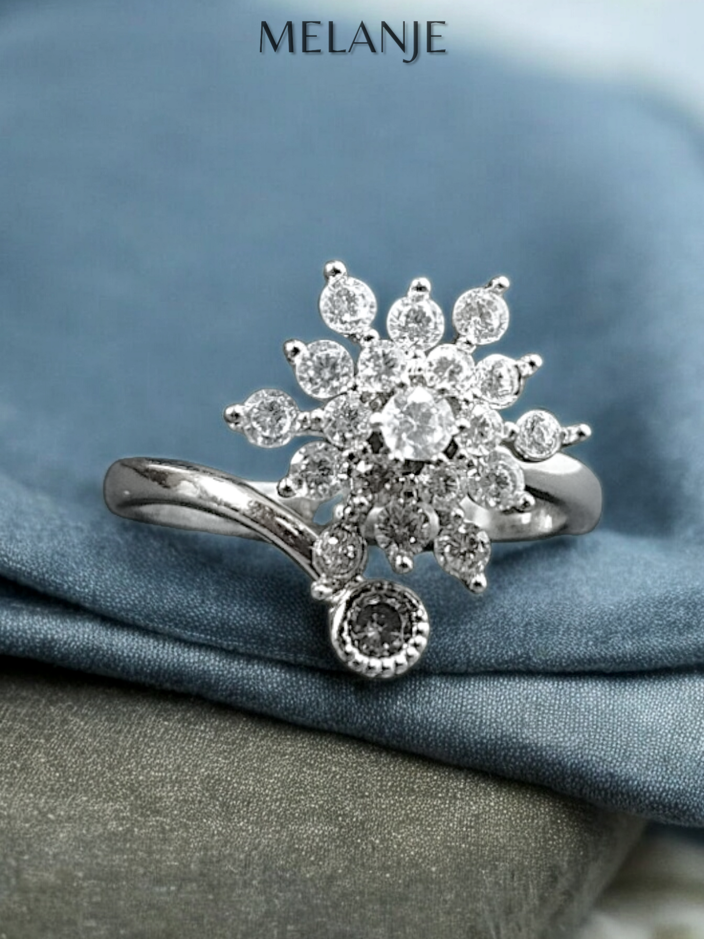 Clear Cubic Zirconia Sterling Silver Bypass Flower Engagement Ring
