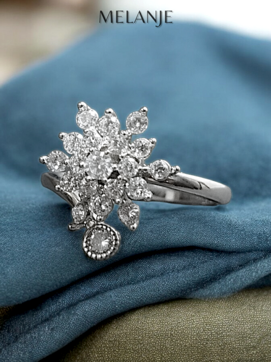 Clear Cubic Zirconia Sterling Silver Bypass Flower Engagement Ring