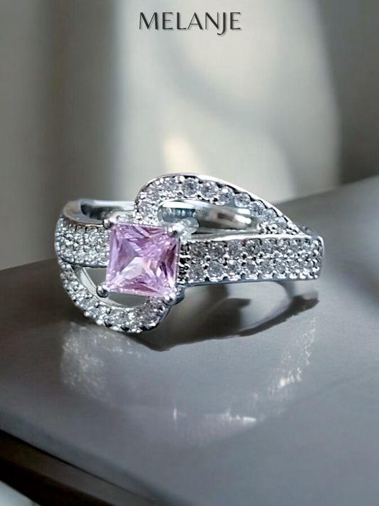 Light Pink Solitaire Square Crystal Princess Cut Sterling Silver Adjustable Ring