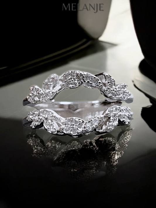 Sterling Silver Intricate Leaf Design Cubic Zirconia Eternity Ring